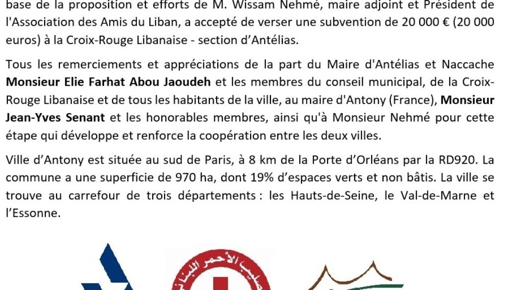 Une subvention de la ville d’Antony (France) à la Croix-Rouge – section d’Antélias